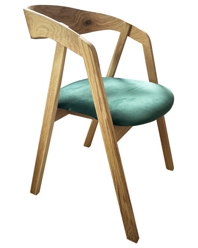 An oak chair with a green seat
